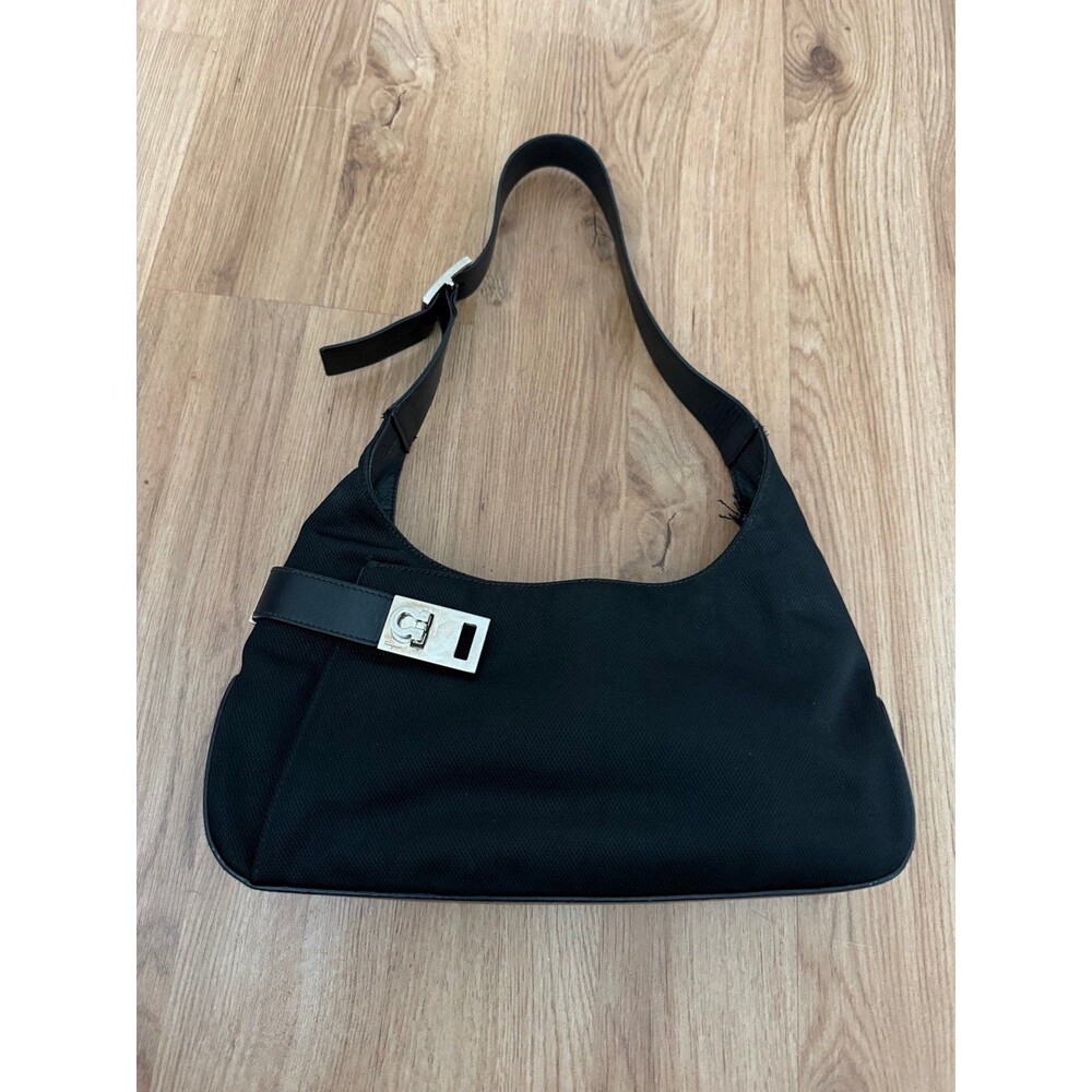 Authentic Salvatore Ferragamo Black Leather Trim Gancini Hobo Shoulder Bag